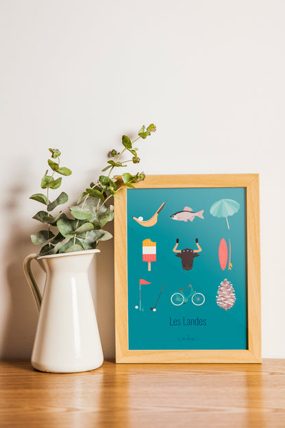 Carte postale Les Landes – Les Iconiques encadrée dans un intérieur moderne, décoration murale aux couleurs estivales.
