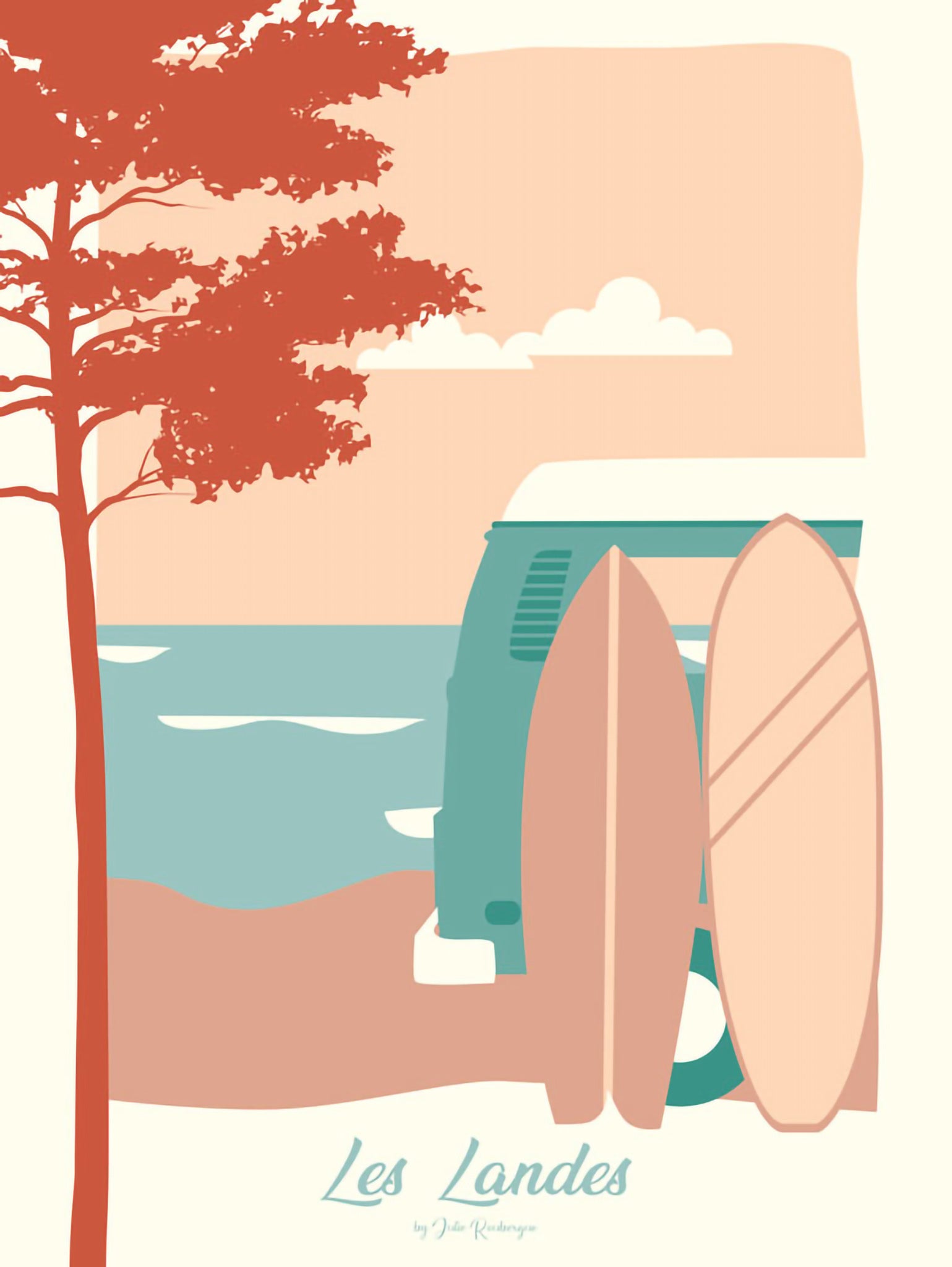 Carte postale illustrée intitulée "Les Landes, Les Surfs" par Julie Roubergue, représentant des surfs avec une vue sur l'Océan dans les tons pastel.