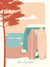 Carte postale illustrée intitulée "Les Landes, Les Surfs" par Julie Roubergue, représentant des surfs avec une vue sur l'Océan dans les tons pastel.