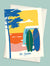 Carte postale illustrée intitulée "Les Landes, Les Surfs" par Julie Roubergue, représentant des surfs avec une vue sur l'Océan dans les tons vifs.