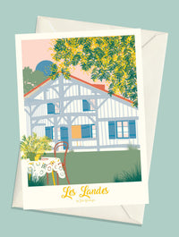 Carte postale Les Landes Mimosas avec enveloppe. Illustration d’une maison landaise sous les fleurs de mimosa.