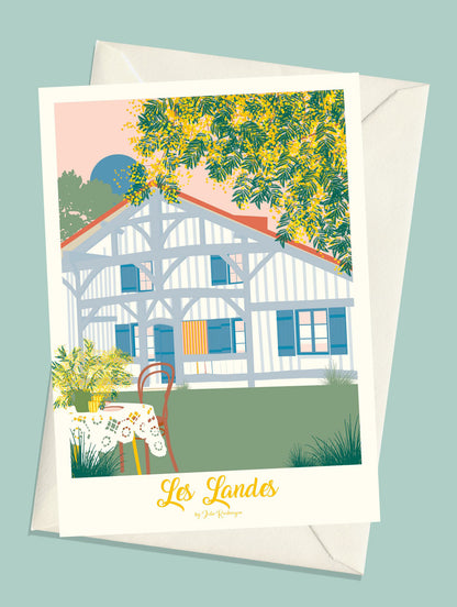 Carte postale Les Landes Mimosas avec enveloppe. Illustration d’une maison landaise sous les fleurs de mimosa.