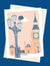 Carte postale illustrée intitulée “Londres, Bigben” par Julie Roubergue, représentant la fameuse tour horloge du palais de Westminster à Londres dans des tons pastel.