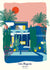 Carte postale illustrée intitulée “Marrakech, Villa Majorelle” par Julie Roubergue, représentant le magnifique jardin luxuriant et la fameuse villa bleue.