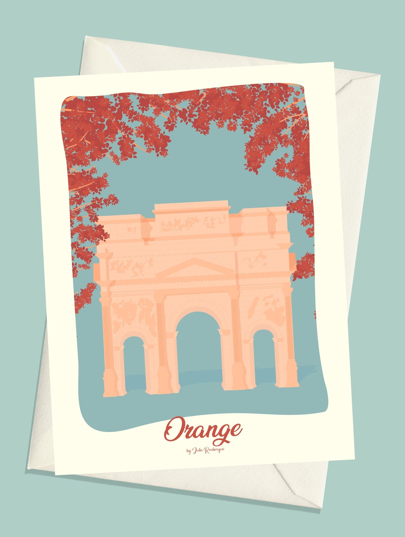 Carte postale Orange – L'Arc de Triomphe avec son enveloppe assortie, monument antique et emblématique de la ville.