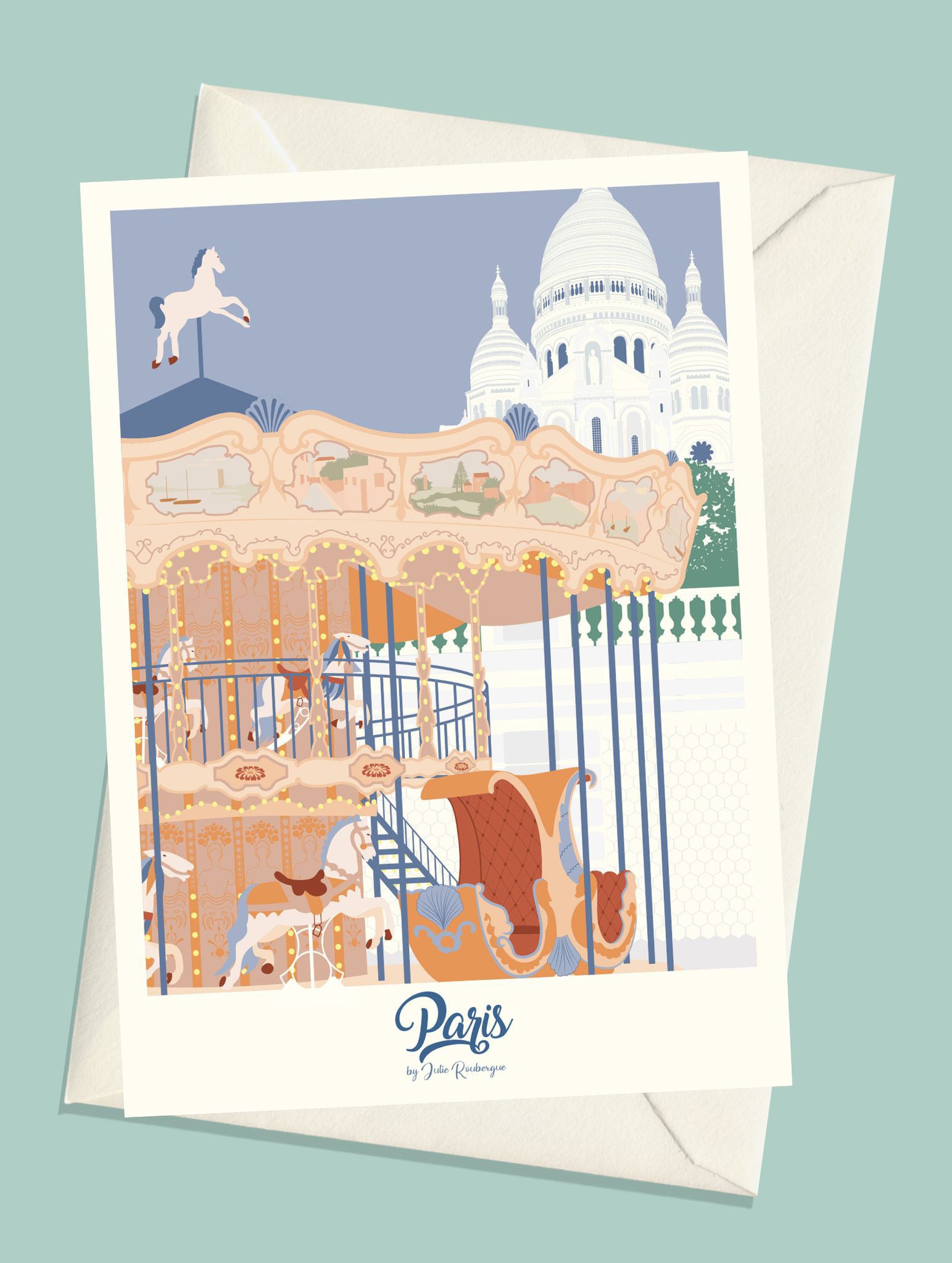 Carte postale Paris, Sacré-Cœur accompagnée de son enveloppe kraft – illustration douce par Julie Roubergue.