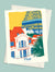 Carte postale illustrée intitulée "Paris, Les Toits" par Julie Roubergue, représentant une vue sur les toits de la capitale et sur la Tour Eiffel dans les tons vifs.