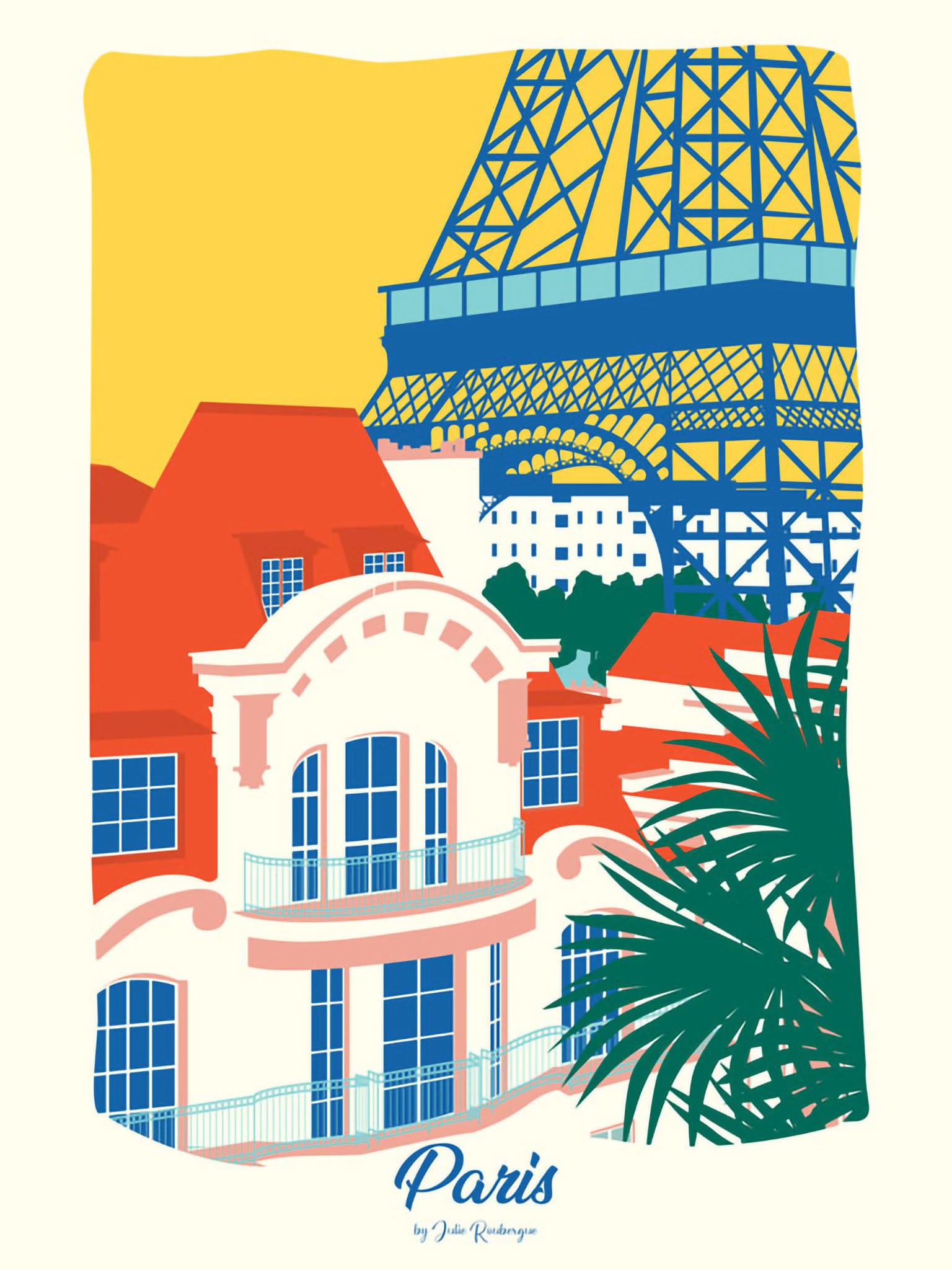 Carte postale illustrée intitulée "Paris, Les Toits" par Julie Roubergue, représentant une vue sur les toits de la capitale et sur la Tour Eiffel dans les tons vifs.