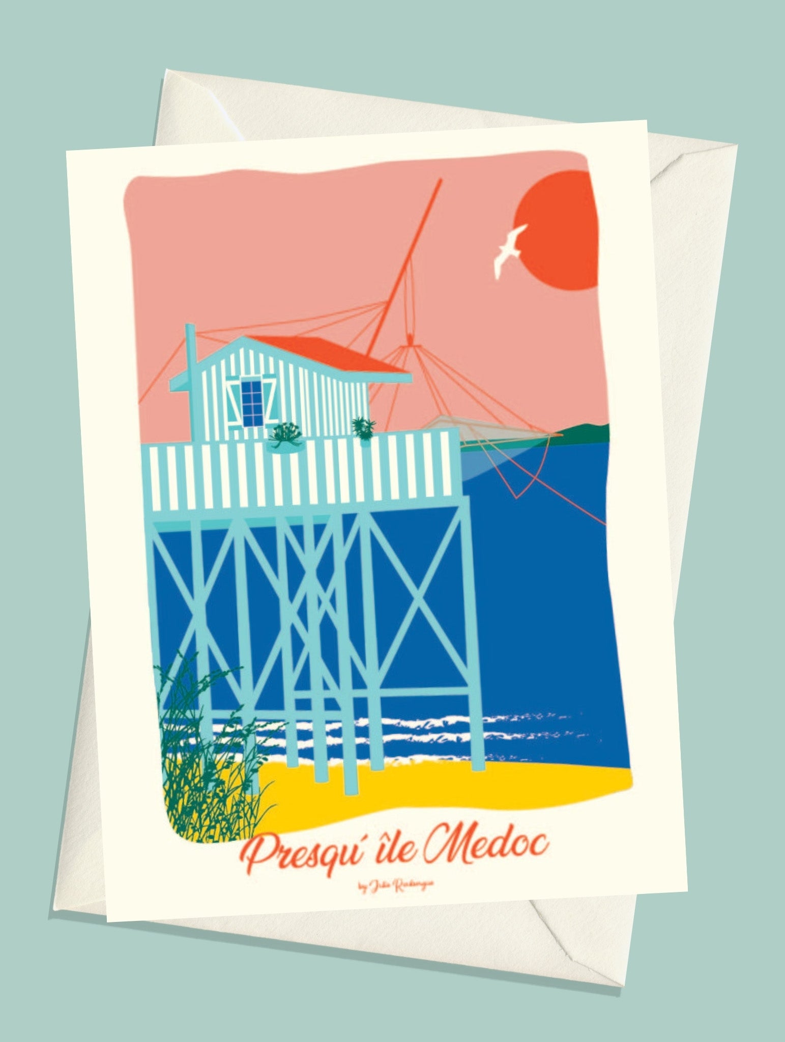 Carte postale Presqu'île du Medoc, Le Carrelet – illustration avec enveloppe assortie, ambiance nature aux couleurs vives.