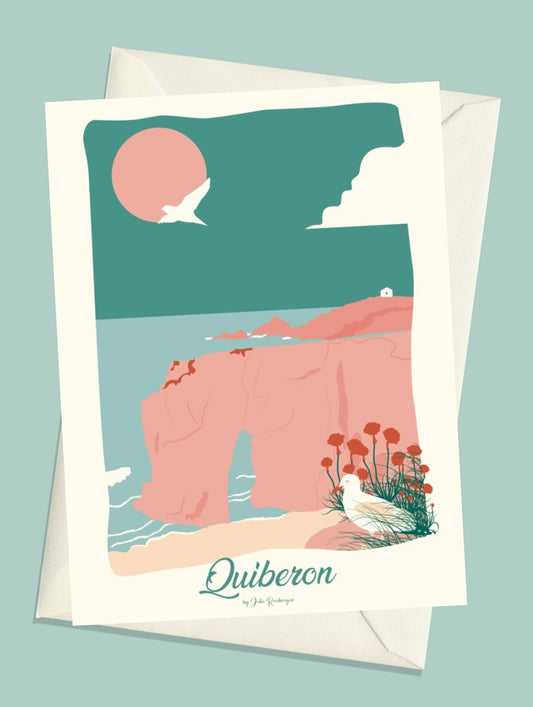 Carte postale Quiberon – L’Arche de Port Blanc avec enveloppe assortie, paysage marin aux teintes pastel.