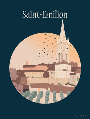 Carte postale Saint-Émilion – Le Village, illustration graphique et poétique de la cité médiévale au coucher de soleil.  