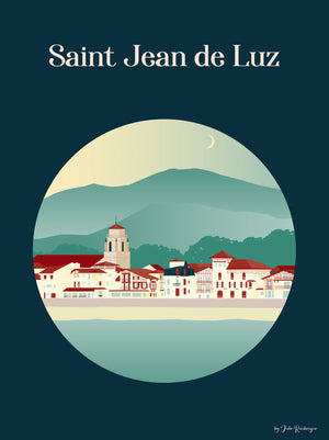 Carte postale Saint Jean de Luz, illustration graphique et poétique de cette charmante ville basque entre mer et montagne sur fond bleu marine  