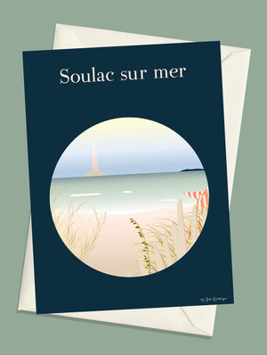 Carte postale Soulac-surMer - La Plage, illustration de la plage sauvage avec au loin le phare de Cordouan avec enveloppe assortie.  