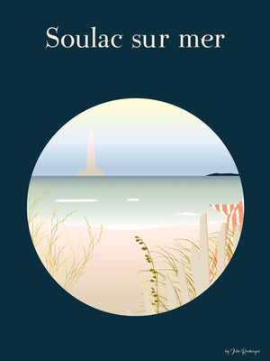 Carte postale Soulac-sur-Mer – La Plage, illustration graphique et poétique de la plage et le phare de Cordouan ur fond bleu marine