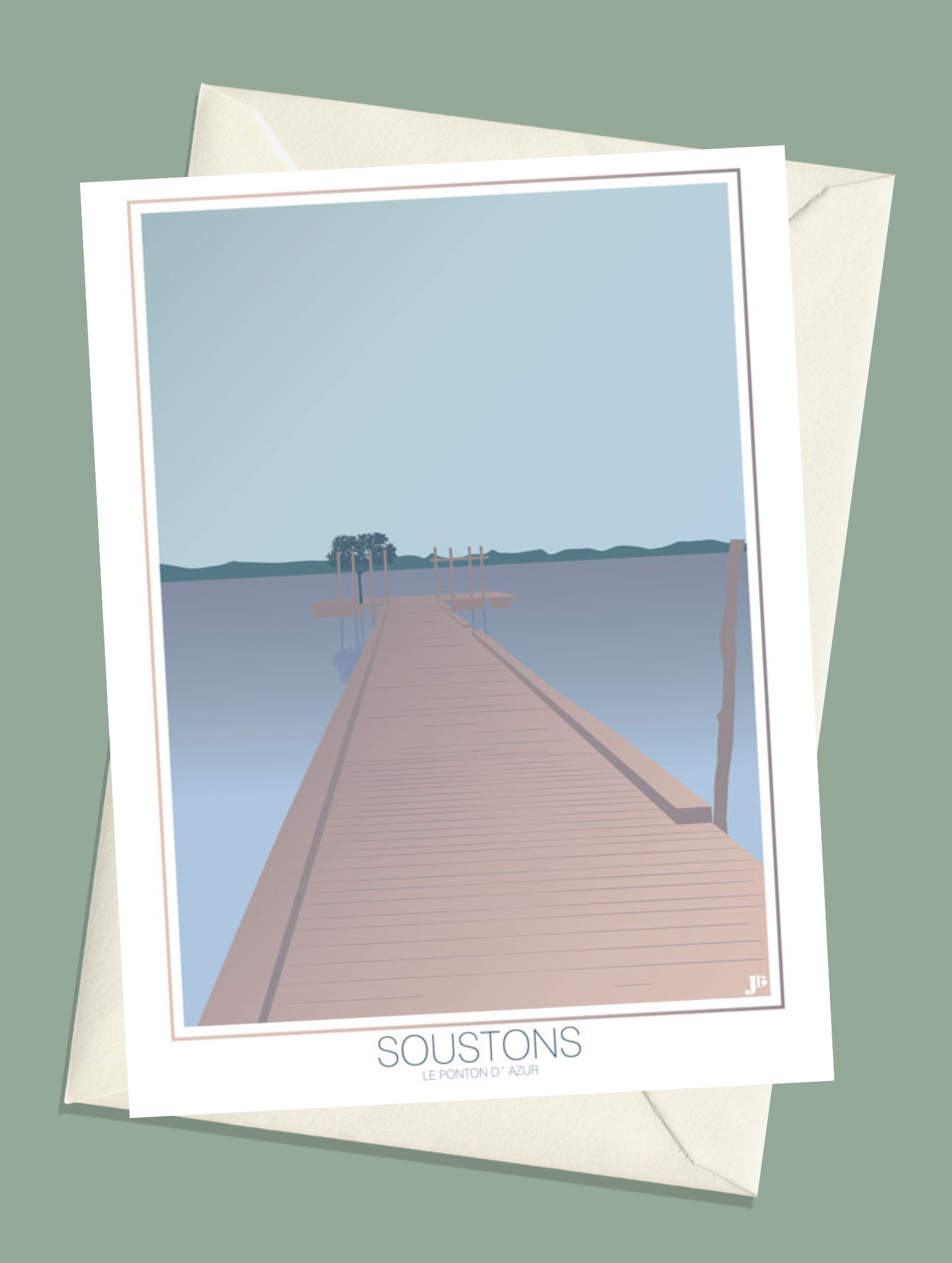 Carte postale illustrée intitulée “Soustons, Le Ponton d'Azur” par Julie Roubergue, représentant le fameux ponton sur le lac des Landes dans des tons doux.