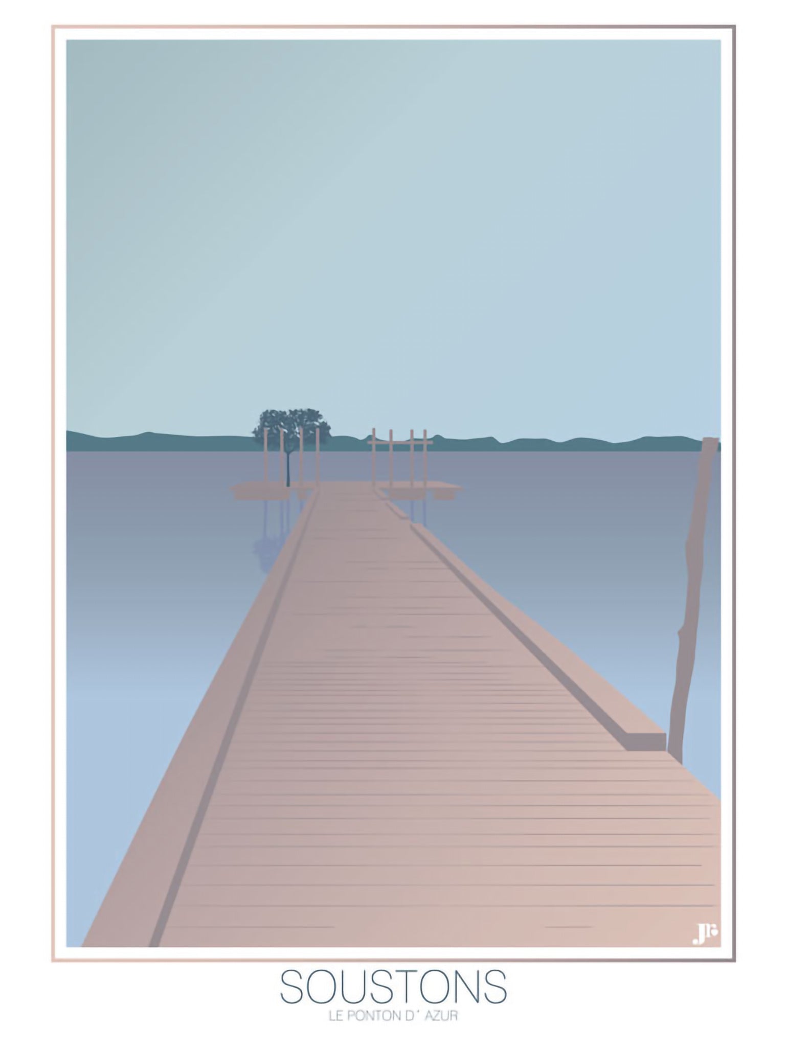 Carte postale illustrée intitulée “Soustons, Le Ponton d'Azur” par Julie Roubergue, représentant le fameux ponton sur le lac des Landes dans des tons doux.
