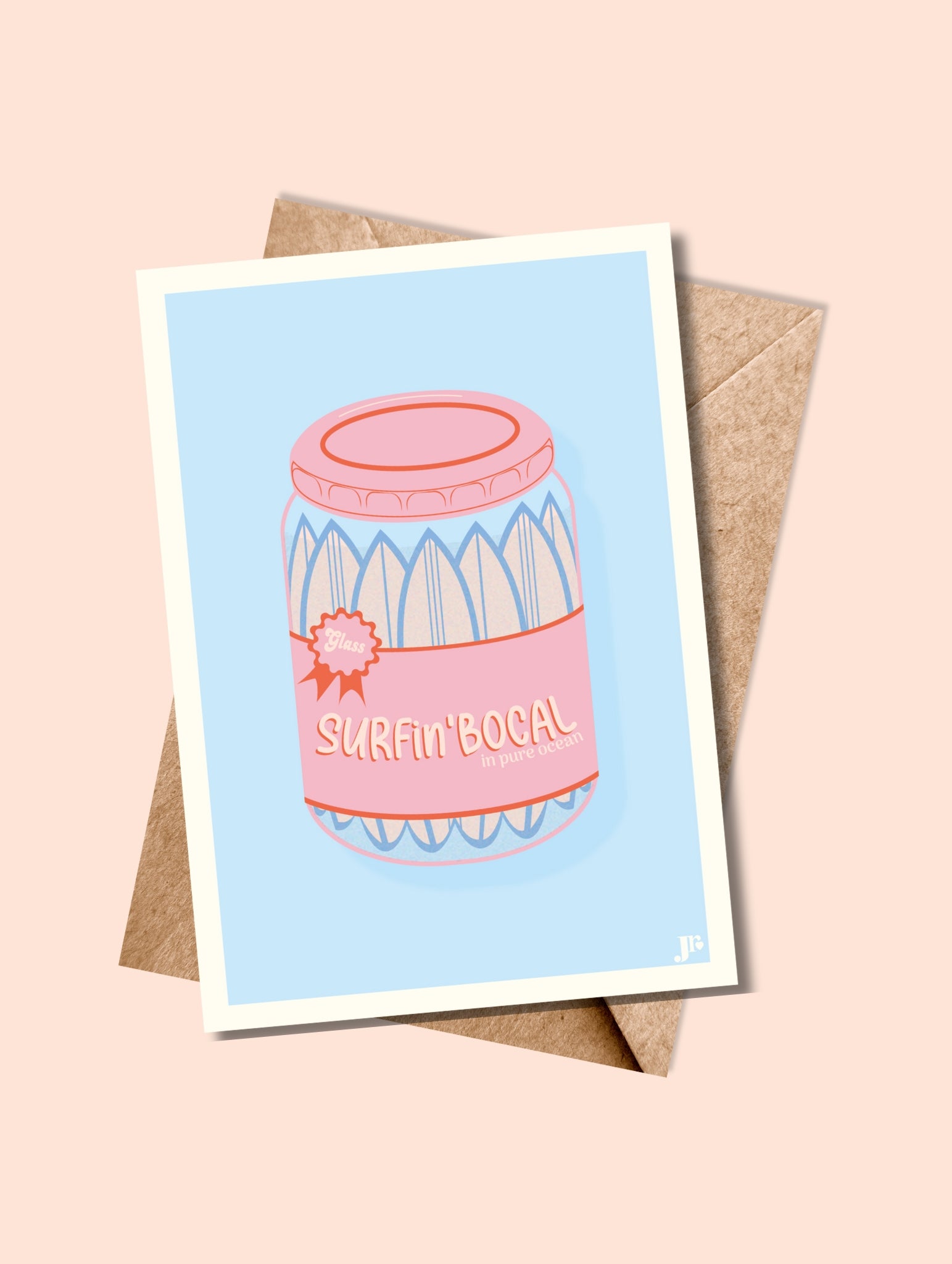 Carte postale SURFin’BOCAL – version bleue – avec enveloppe assortie, posée à plat