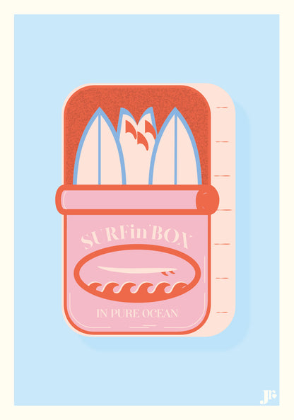Illustration de la carte postale SURFin'BOX version bleu ciel, avec trois planches de surf dans une boîte rose et bleu clair sur fond pastel.