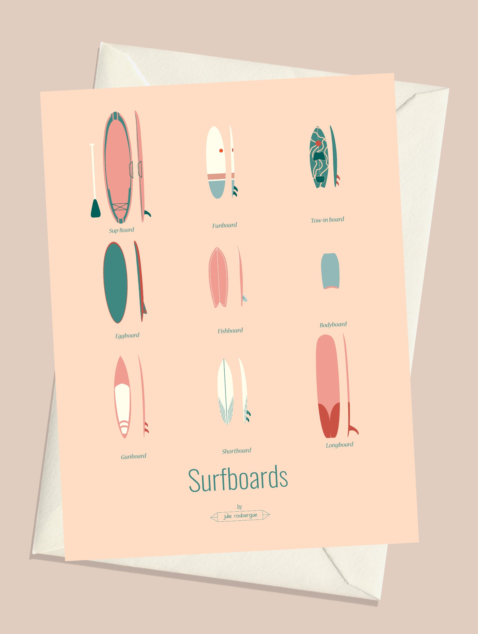 Carte postale Surfboards Les Iconiques Pastel accompagnée de son enveloppe, format 10x15 ou 15x21 cm.