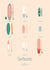 Illustration graphique des 10 types de planches de surf sur la carte postale Surfboards Les Iconiques Pastel.