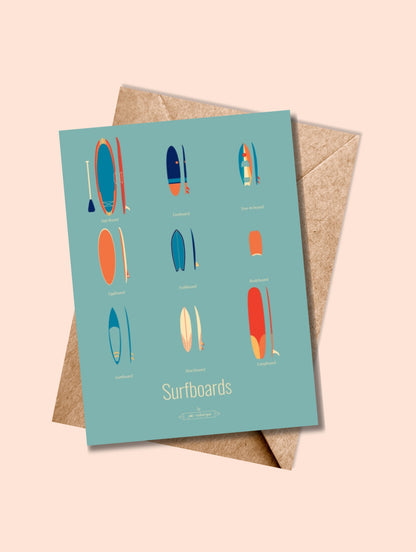 Carte postale Surfboards, Les Iconiques avec un fond bleu, accompagnée de son enveloppe kraft.