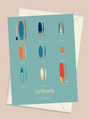Carte postale Surfboards Les Iconiques Vive accompagnée de son enveloppe, format 10x15 ou 15x21 cm.