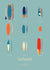 Illustration graphique des 10 types de planches de surf sur la carte postale Surfboards Les Iconiques Vive.