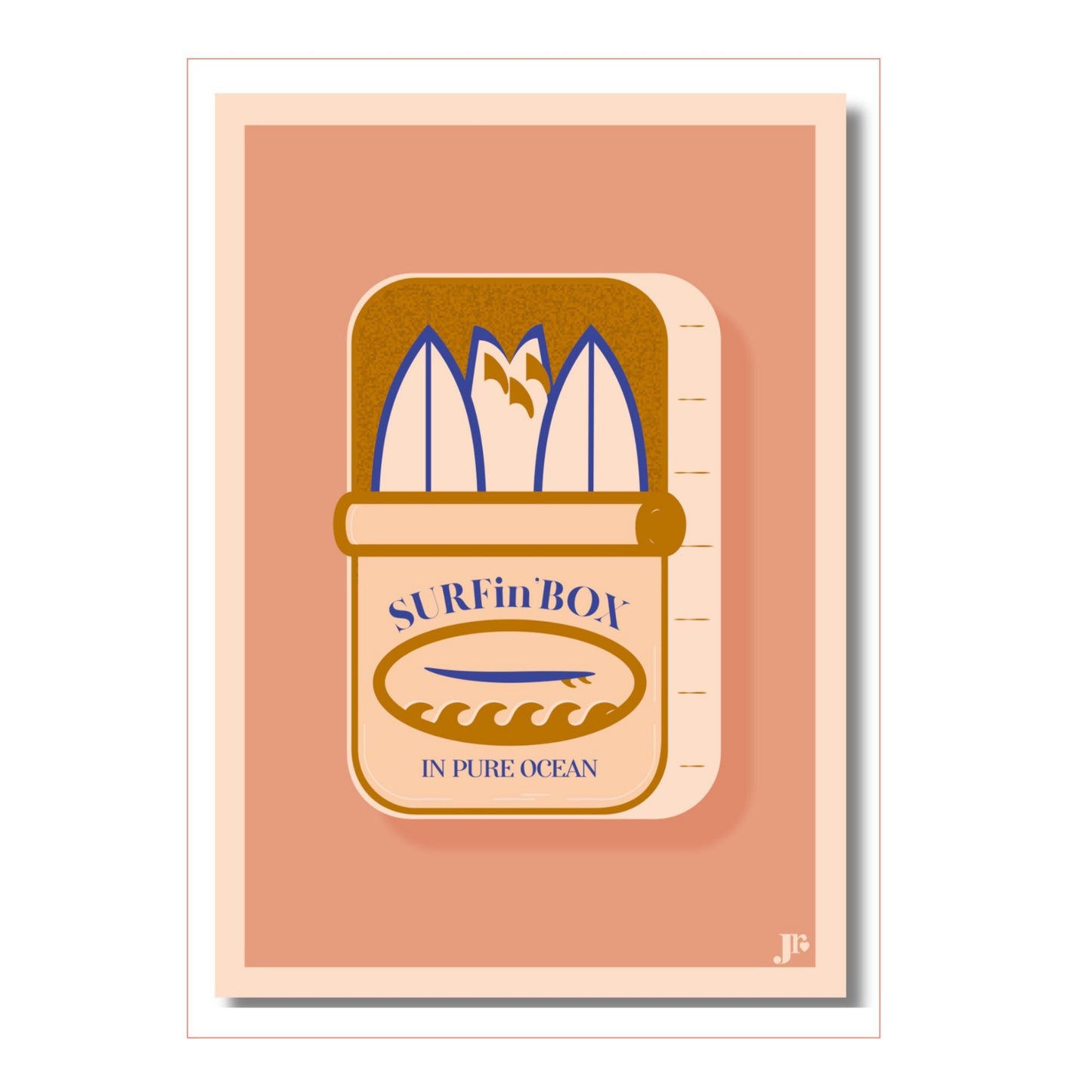 Carte postale Surfin'Box de couleur ocre  illustration surf et colorée format 10,5x15 cm