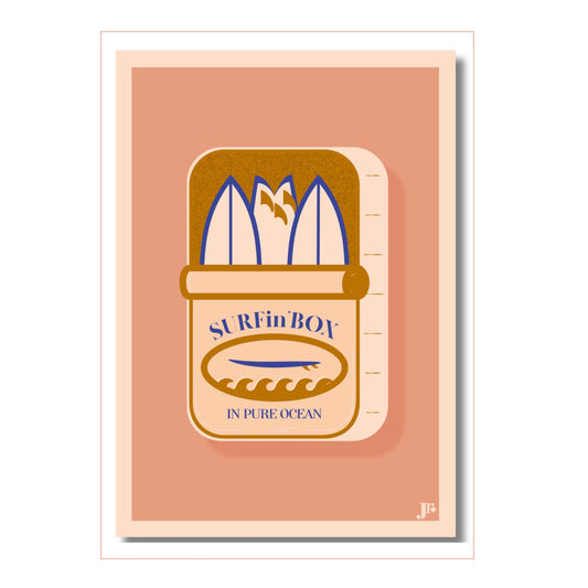 Carte postale Surfin'Box de couleur ocre  illustration surf et colorée format 10,5x15 cm