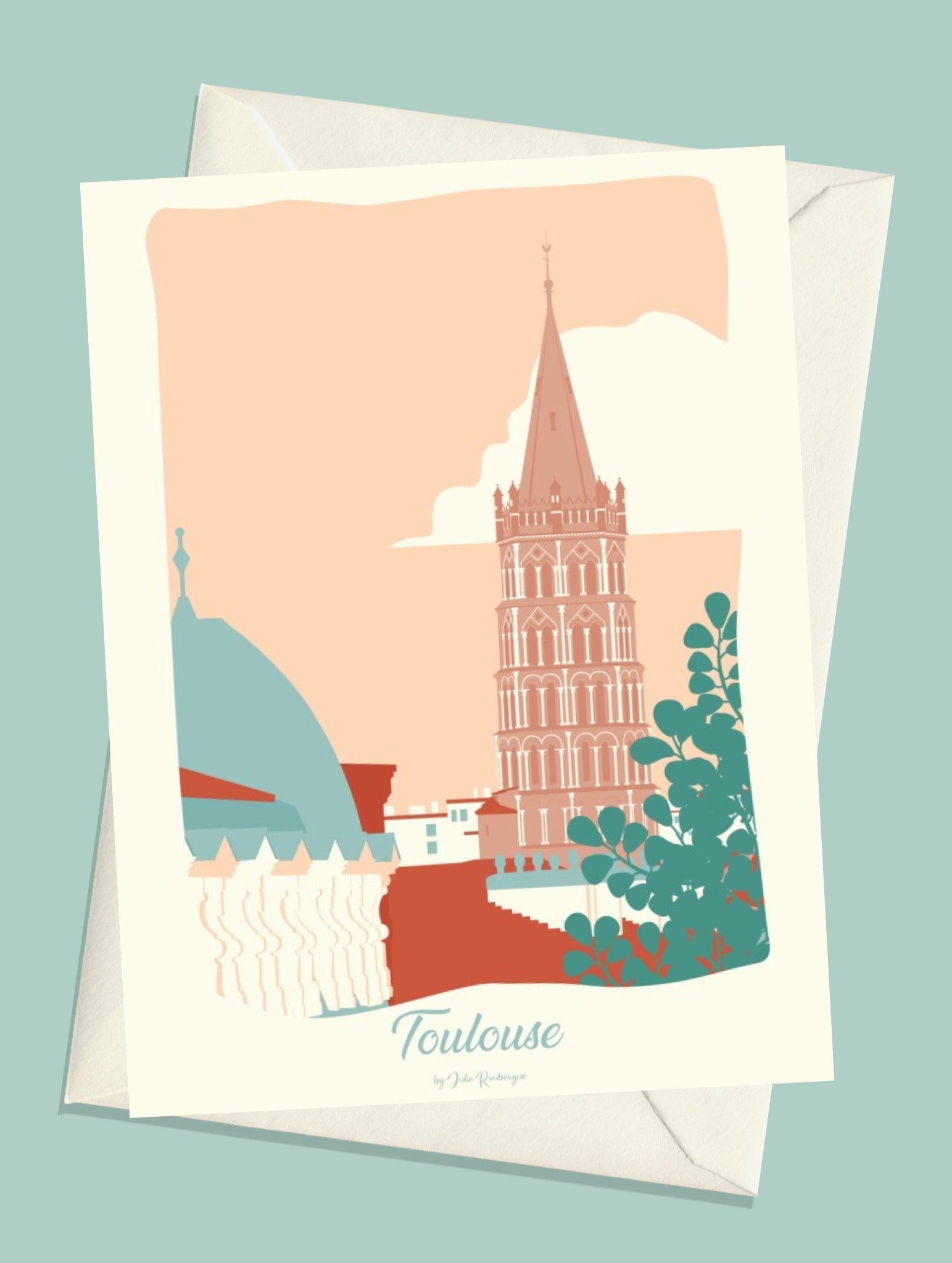 Carte postale Toulouse, Saint Sernin – illustration avec enveloppe assortie, ambiance ville et architecture dans les tons pastel.
