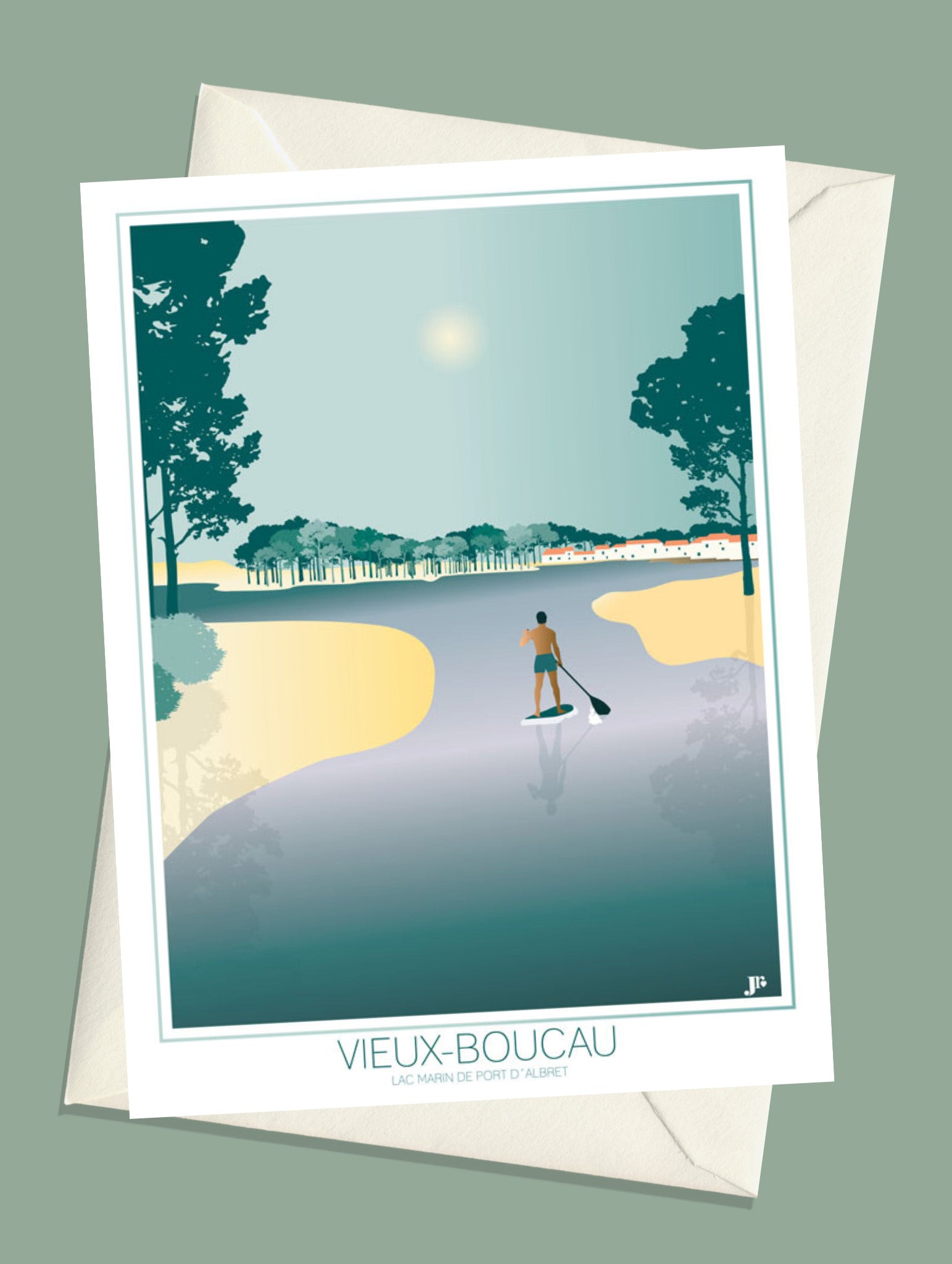 Carte postale illustrée intitulée “Vieux Boucau, Lac Marin” par Julie Roubergue, représentant le fameux lac marin de Port d'Albret dans les Landes dans des tons doux.