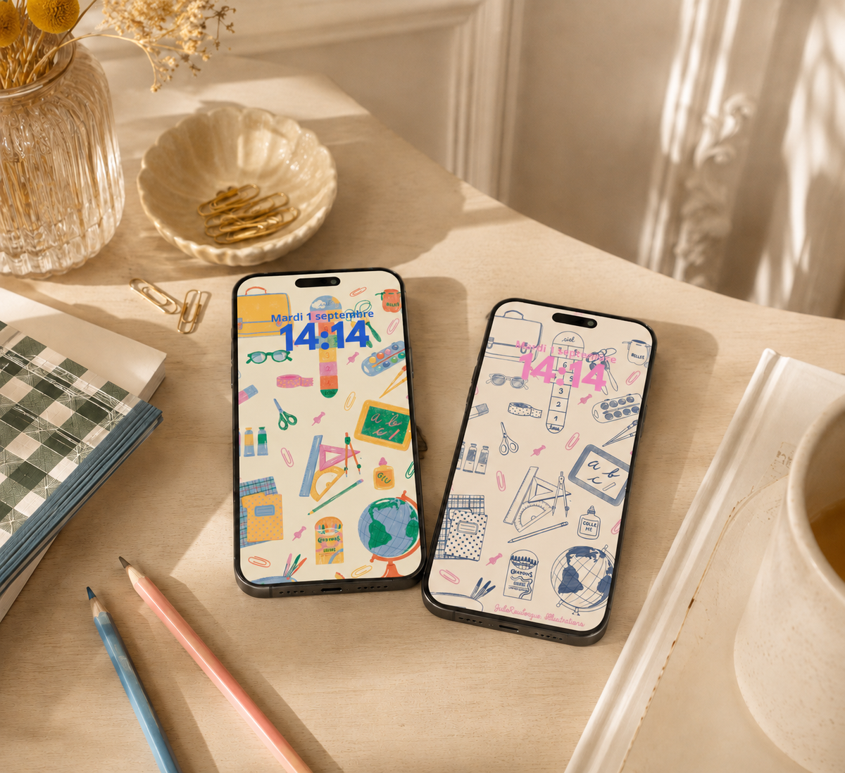 Fonds d’écran illustrés spécial rentrée par Julie Roubergue, présentés sur deux téléphones.