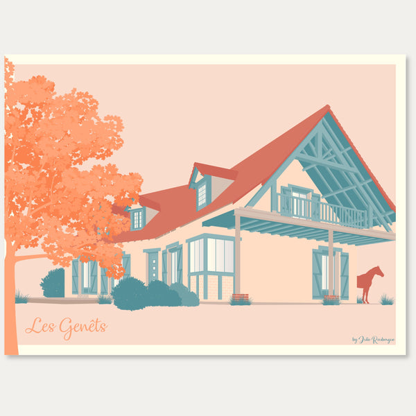 Portrait illustré coloré d’une maison moderne contemporaine, réalisé sur commande dans un style architectural lumineux et détaillé.