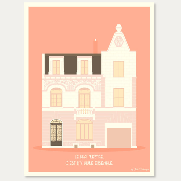 Illustration colorée d’une maison de ville fleurie avec balcon, réalisée sur commande dans un style chaleureux et poétique.