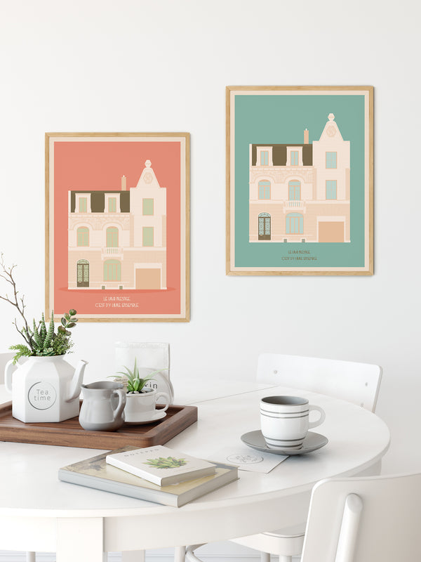 Illustration personnalisée d’une longère normande traditionnelle, dessinée en noir et blanc dans un style architectural poétique.