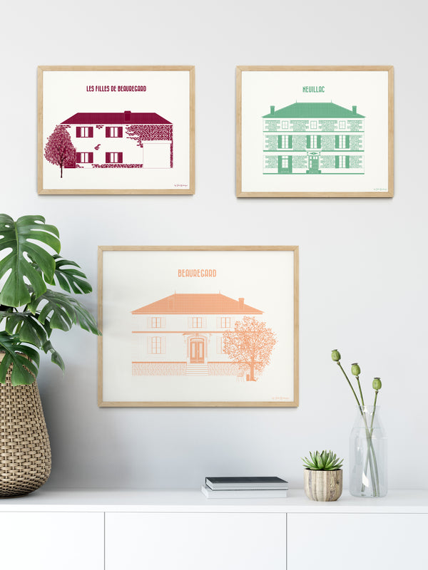 Portrait illustré coloré d’une maison moderne contemporaine, réalisé sur commande dans un style architectural lumineux et détaillé.