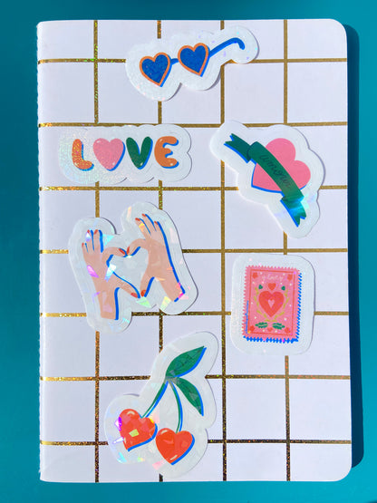 Stickers holographiques Love and Good Vibes collection A sur carnet illustration Julie Roubergue