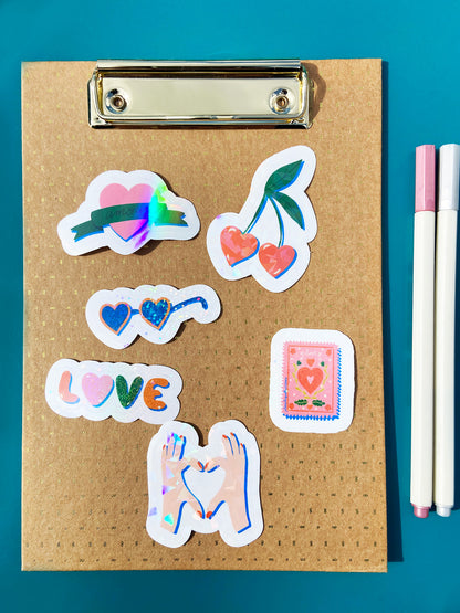 Lot de 6 stickers holographiques Love and Good Vibes collection A illustration Julie Roubergue