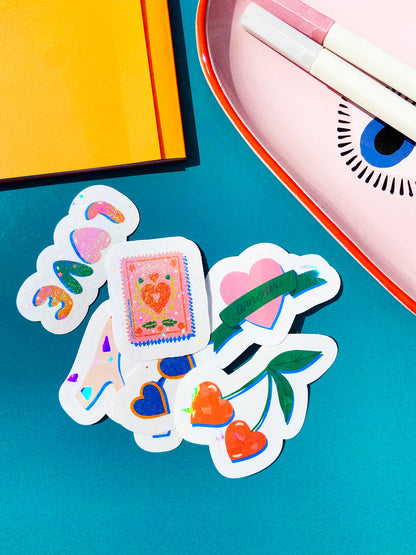 Stickers holographiques colorés Love and Good Vibes illustration Julie Roubergue