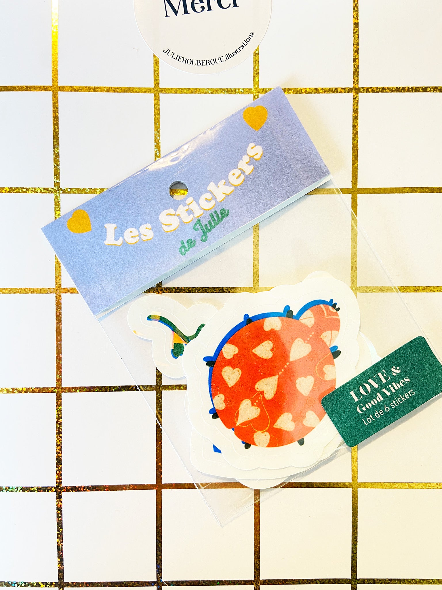 Sachet de 6 stickers holographiques Love and Good Vibes collection B Julie Roubergue