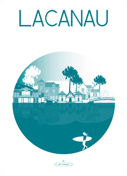 Carte postale Lacanau – La Ville version vert canard, scène urbaine et naturelle avec villas, pins et surfeur.