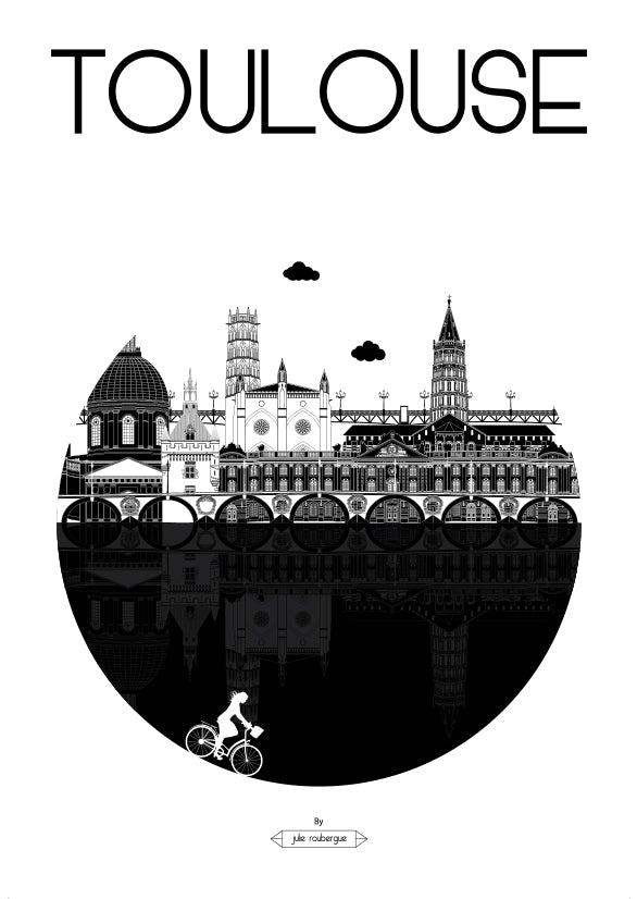 Carte postale Toulouse – La Ville, version noire : monuments iconiques de la Ville Rose en illustration graphique stylisée.