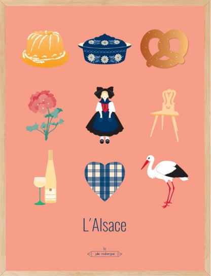 Affiche encadrée L’Alsace – Les Iconiques. Composition graphique colorée représentant la culture et les traditions alsaciennes.