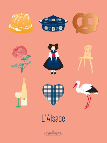 Affiche illustrée L’Alsace – Les Iconiques 30x40 cm. Illustration graphique de symboles alsaciens sur fond pêche.