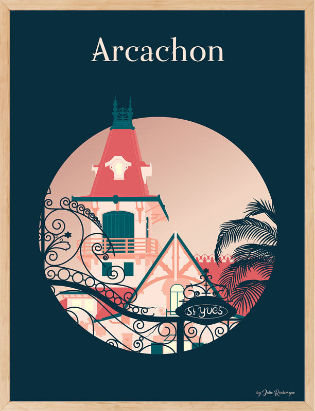 Affiche Arcachon – Villa Saint Yves encadrée en bois clair, accrochée au mur.