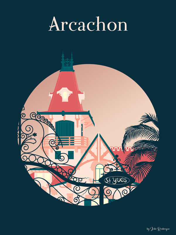 Affiche illustrée Arcachon – Villa Saint Yves en format 30x40 cm sur fond marine, sans cadre.