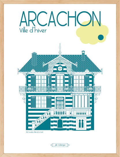 Affiche Arcachon – Villa Trocadéro couleur canard dans un cadre 30x40 cm, style élégant et patrimonial.