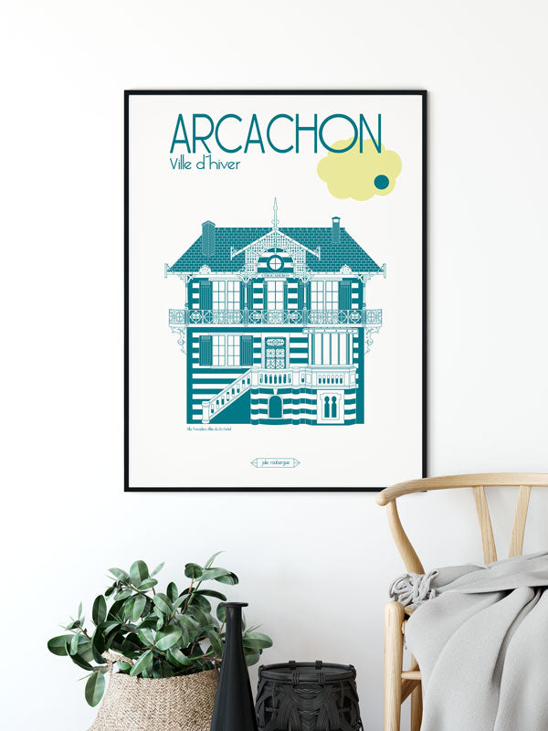 Affiche illustrée Arcachon – Villa Trocadéro exposée dans un intérieur lumineux. Format 30x40 cm couleur canard.