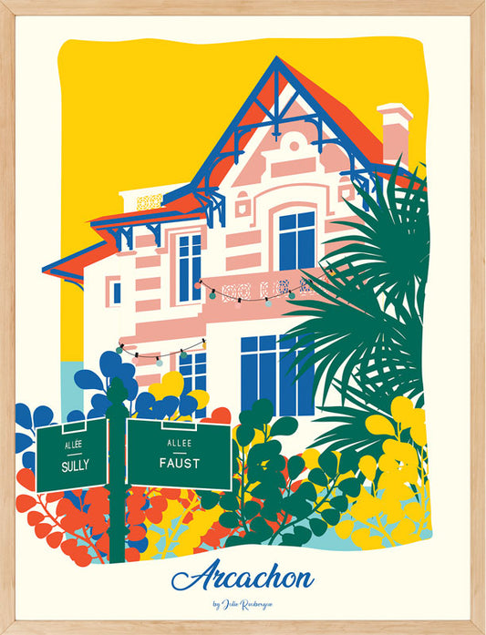 Affiche Arcachon Ville d’Hiver multicolore encadrée – Illustration d’art dans un intérieur lumineux