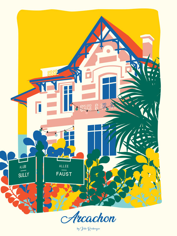 Affiche Arcachon Ville d’Hiver multicolore seule – Villa et feuillage aux tons vifs